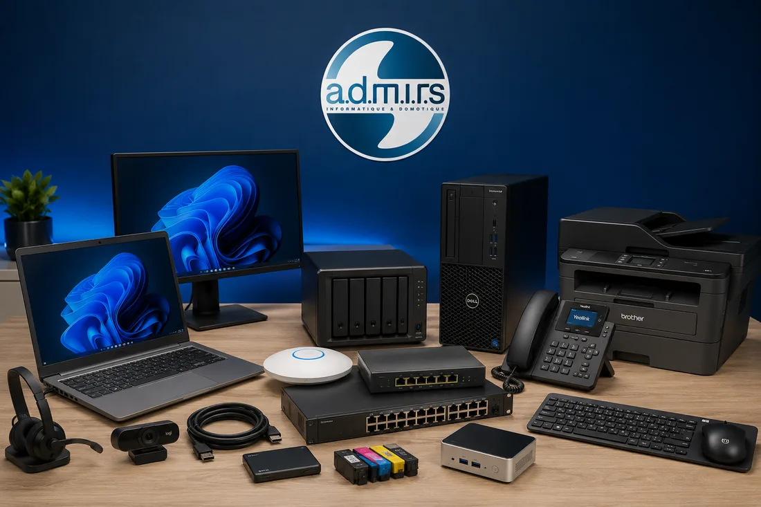 Matériel informatique ADMIRS : postes, écrans, NAS, imprimante, réseau.